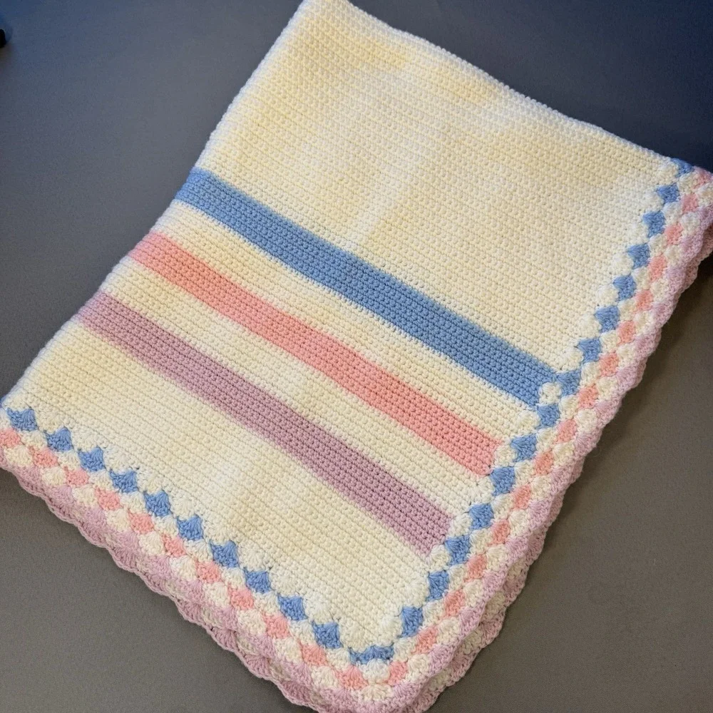Crochet BABY BLANKET AFGHAN  36 X 42 White Blue Pink Girl Or‎ Boy Beautiful!